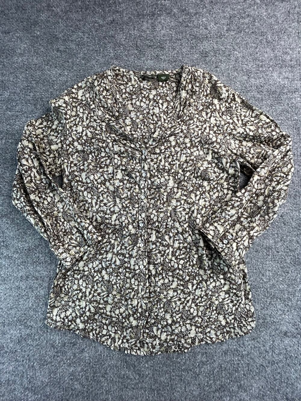 Eddie Bauer Women's Floral Button Front Shirt XS Brown Cream Long Sleeve Blouse